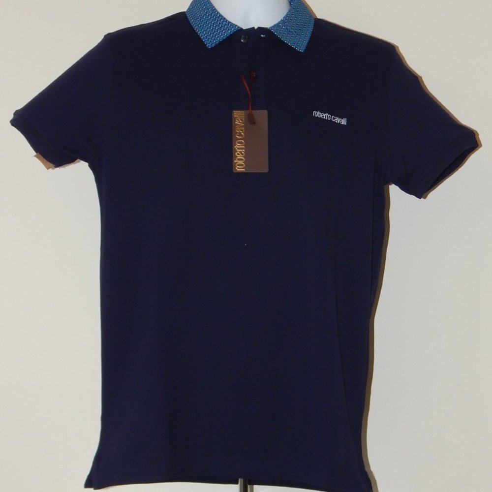 ROBERTO CAVALLI Embroidered Logo Pique Short Sleeve Polo Shirt Navy XL NWT